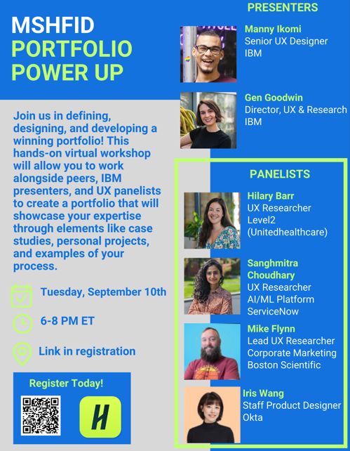 Master's in Human Factors in Information Design (MSHFID) Portfolio Power Up flyer, featuring presenters Manny Ikomi and Gen Goodwin, and four panelists Hilary Barr, Sanghmitra Choudhary, Mike Flynn, and Iris Wang.